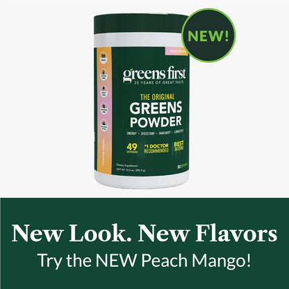 Greens First Original Greens Powder - 49 Superfoods, Organic Fruits & Veggies, Prebiotics, Probiotics & Digestive Enzymes - Peach Mango, 30 Servings