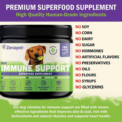Zenapet Dog Immune Support Premium Powder Topper - Turkey Tail, Spirulina & Beta-Glucan - Supports Immune System & Digestion - Human-Grade - Made in the USA
