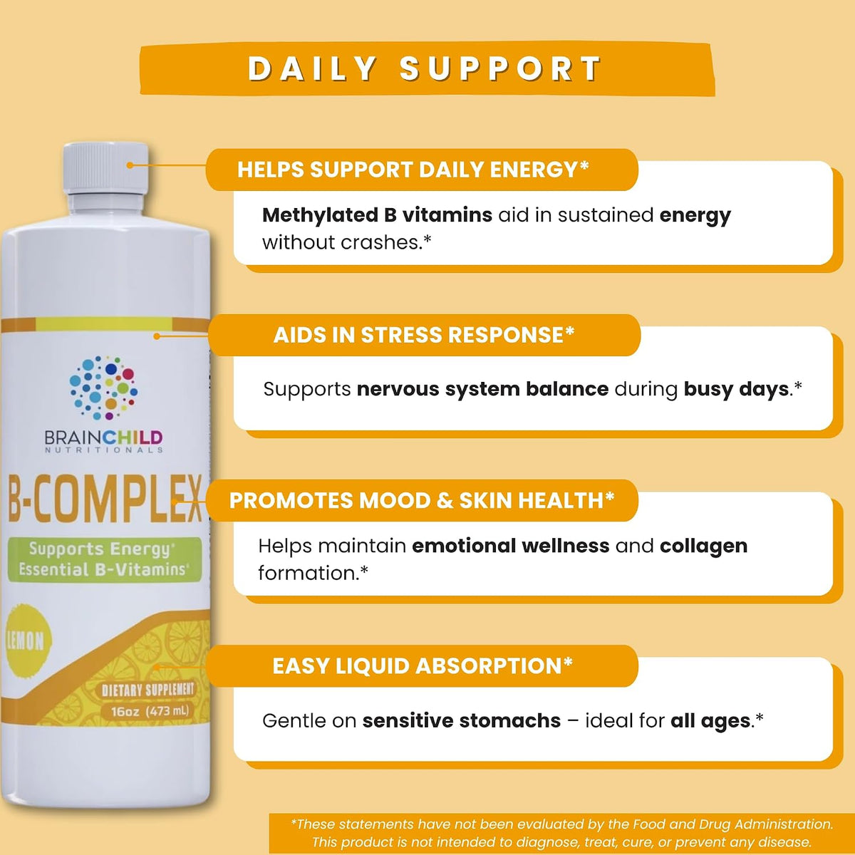 BrainChild B-Complex Liquid – Methylated B Vitamins for Energy, Stress & Mood – 473 ml (Lemon) - görsel 3