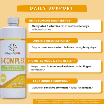 BrainChild B-Complex Liquid – Methylated B Vitamins for Energy, Stress & Mood – 473 ml (Lemon)