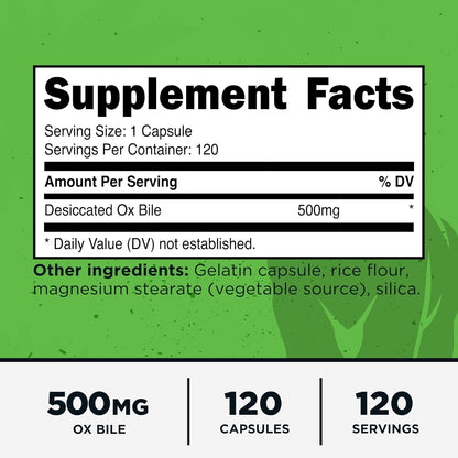 Primal Ox Bile (120 Capsules, 500 mg per Serving) - Gluten-Free, Non-GM, Independently Tested