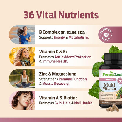 ForestLeaf Daily Multivitamin for Women - Over 20 Vitamins & Minerals, Energy Support, 60 Vegan Capsules