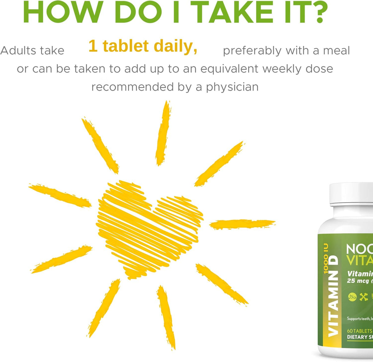 Noor Vitamins Halal Vitamin D3 1000 IU Tablets - 60 Count - görsel 4