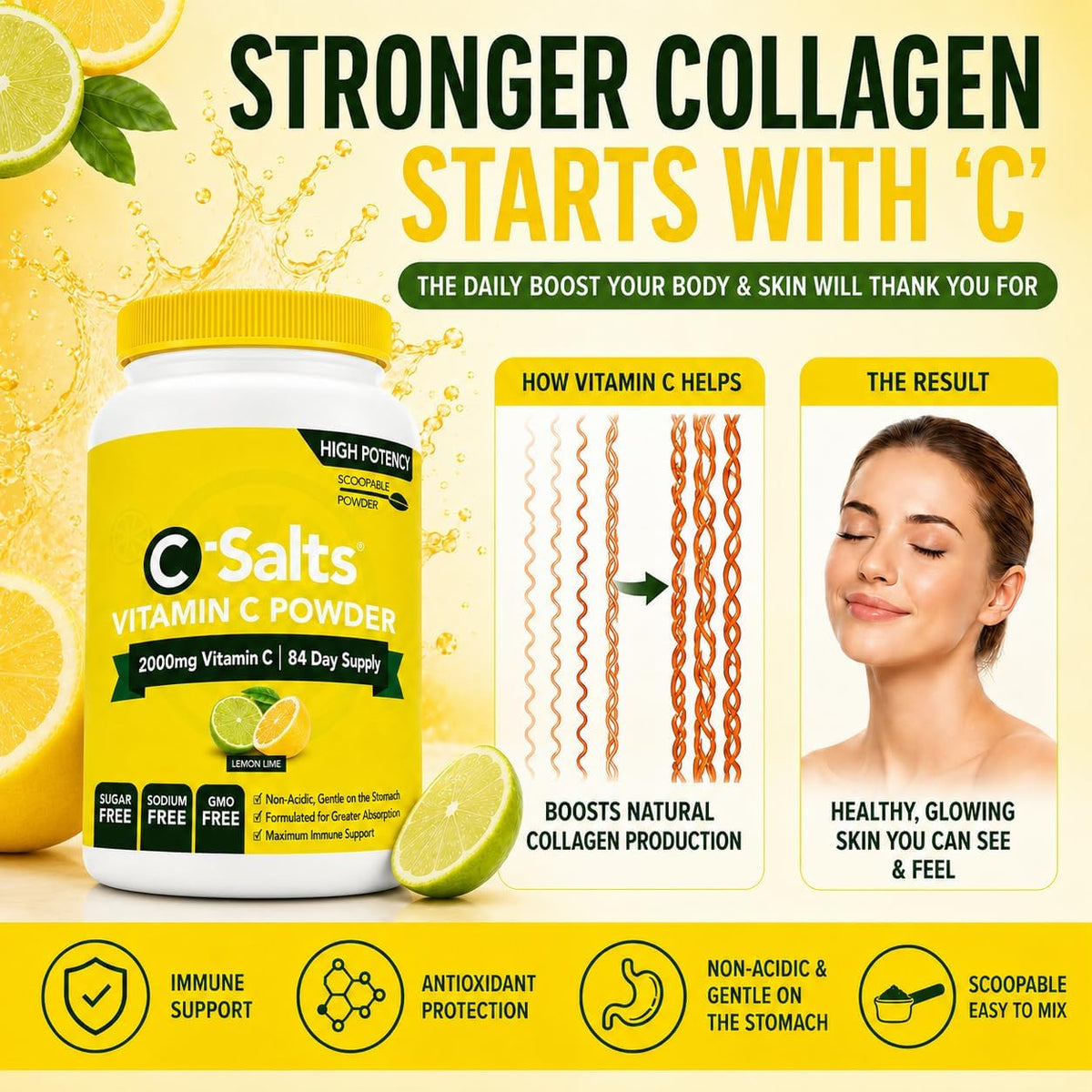 C-Salts Buffered Vitamin C Powder | Pure Organic, Stomach-Friendly Ascorbic Acid | Vegan, Non-GMO, Sugar Free | 84 Servings Lemon & Lime, 227 g - görsel 8