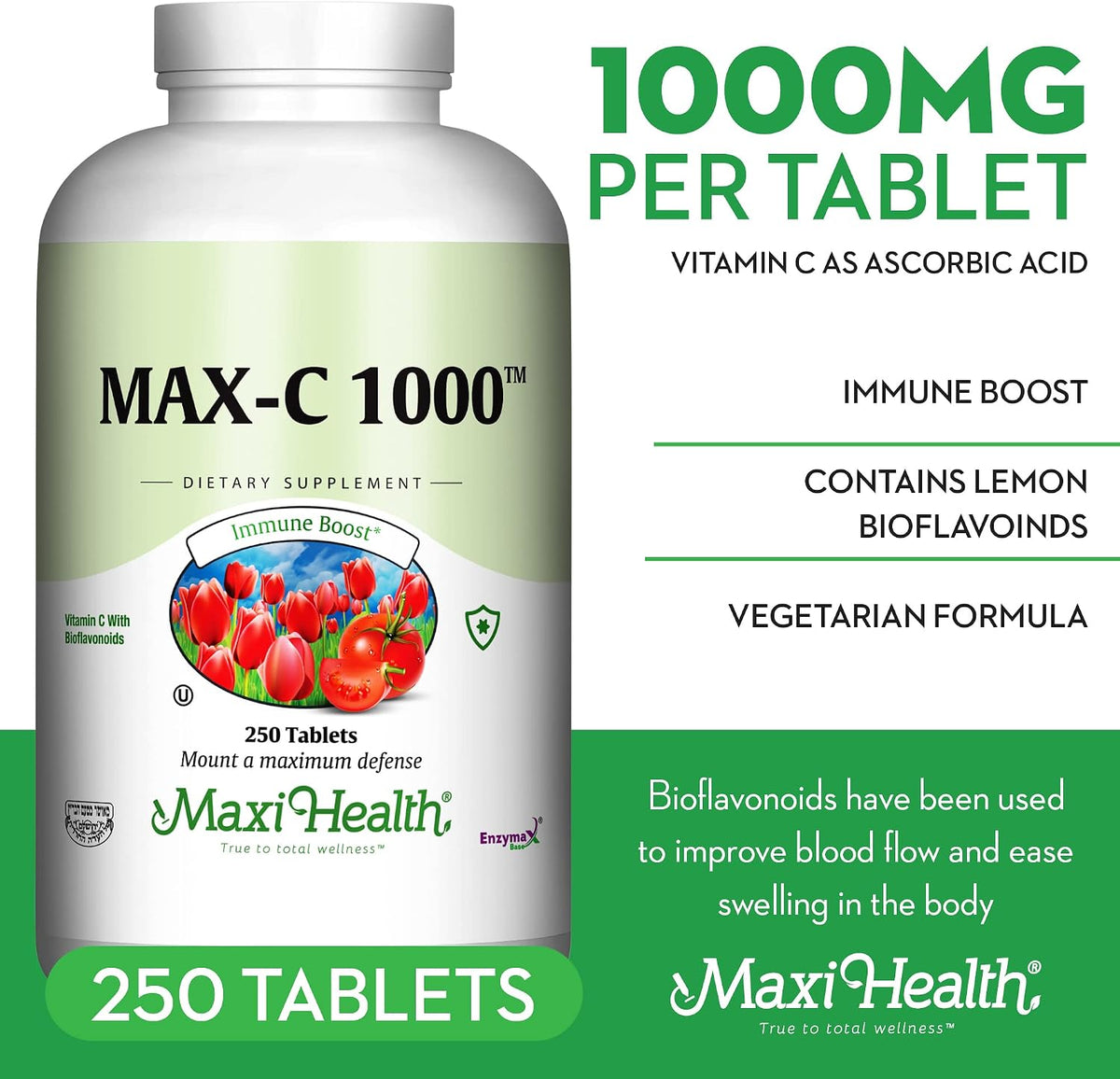 Maxi Health Vitamin C 1000 mg – Enhanced with Lemon Bioflavonoids & Enzymax – 250 Tablets - görsel 3