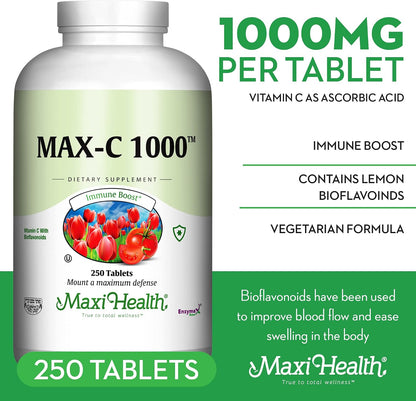 Maxi Health Vitamin C 1000 mg – Enhanced with Lemon Bioflavonoids & Enzymax – 250 Tablets