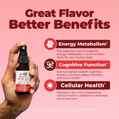 MaryRuth's Organic Methyl B12 Spray | 1,500 µg B12 Per Serving | Methylcobalamin | Energy Metabolism Support | Normal Nervous System Function | Vegan | Gluten-free | Sugar Free | 30 ml