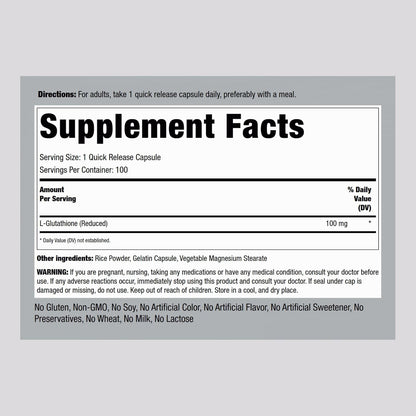 Piping Rock L-Glutathione Supplement | 100 mg | 100 Capsules | Reduced Form | Non-GMO, Gluten-free