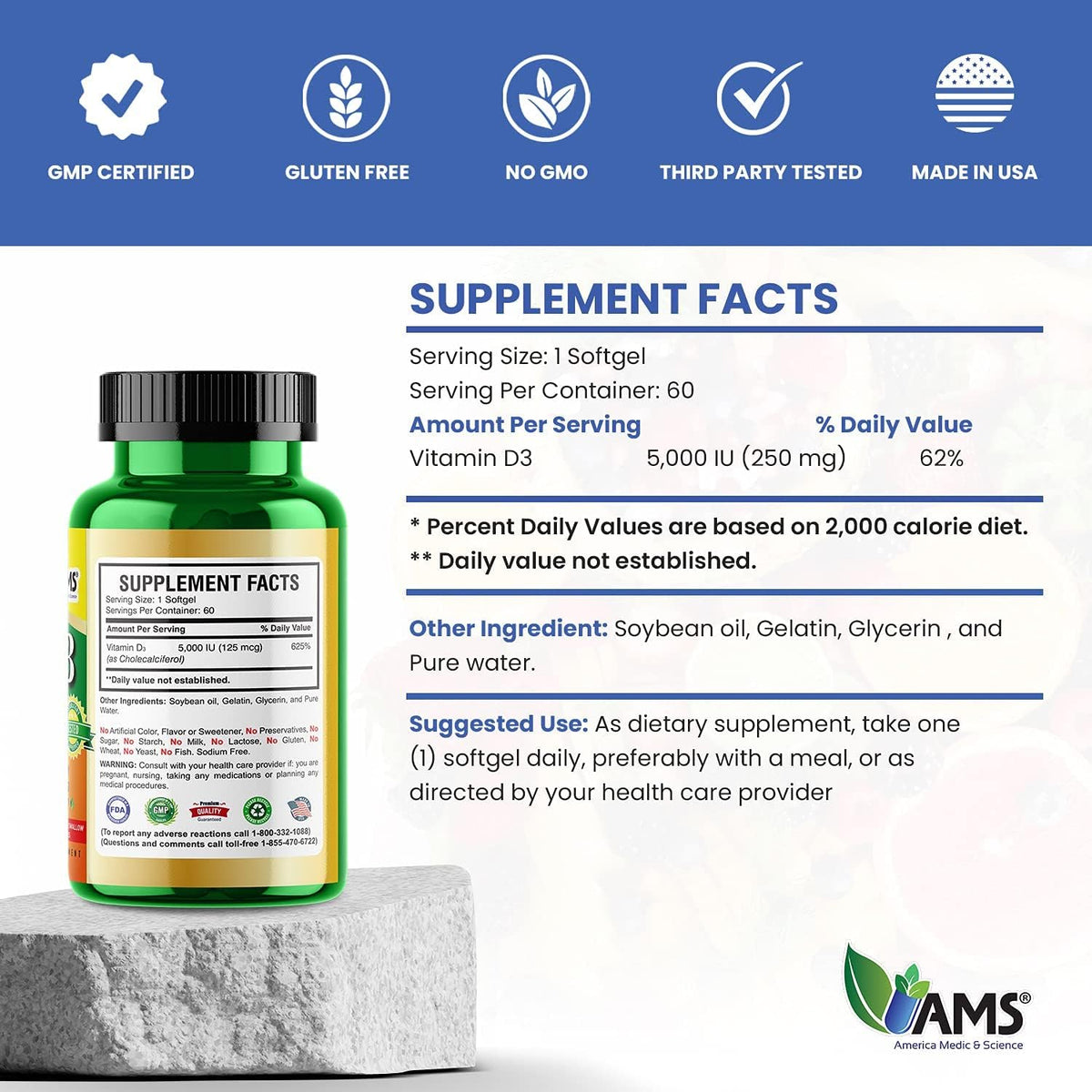 America Medic & Science Xtra D3 Vitamin D3 5,000 IU - 180 Softgels (3-Pack) - görsel 4