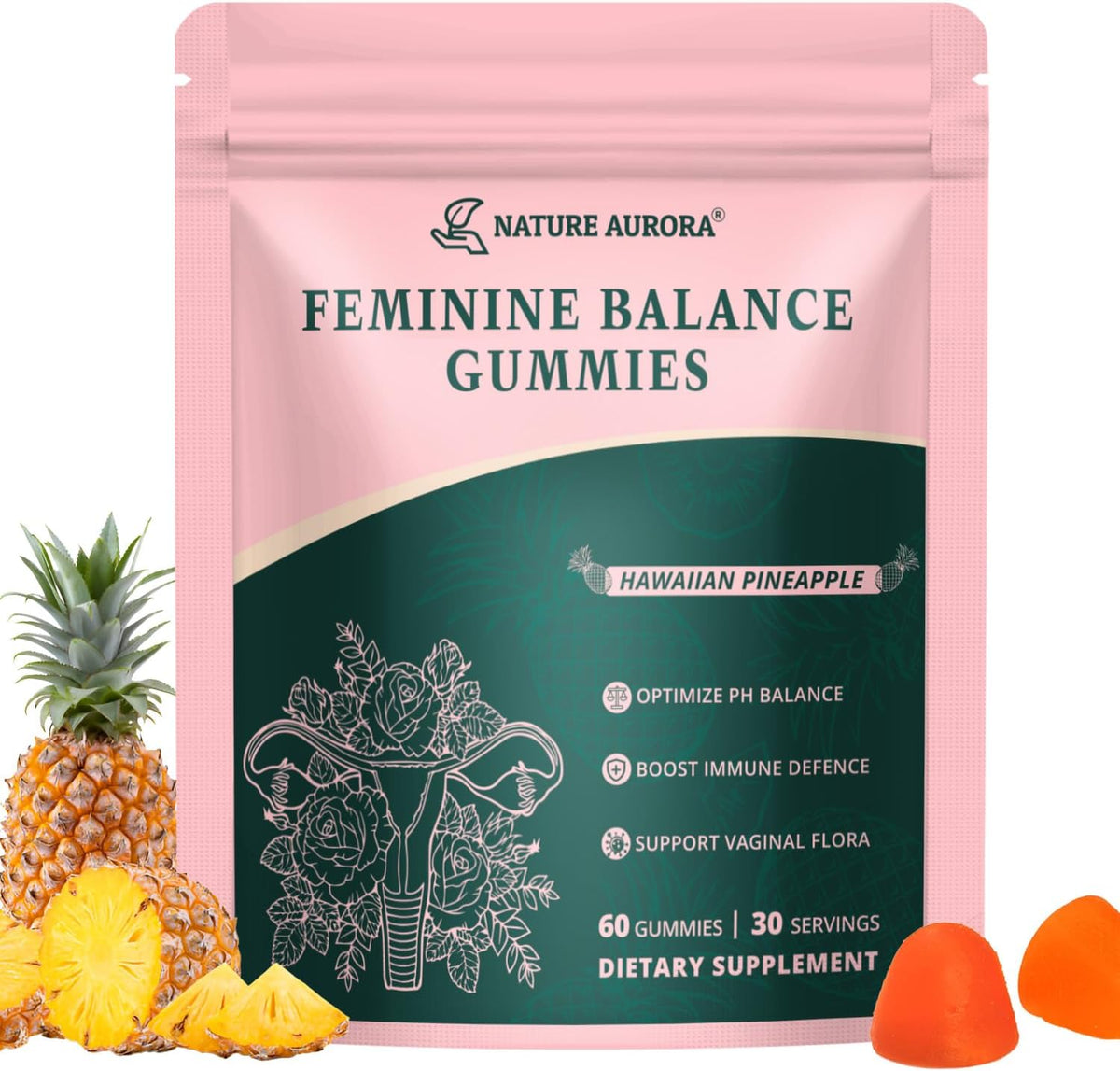 Premium Feminine Balance Gummies - Women's pH Balance & Vaginal Probiotics Support with Immune Support - Vegan, Gluten-free - Hawaiian Pineapple Flavour (60 Count) - görsel 1