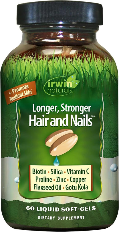 Irwin Naturals Longer, Stronger Hair and Nails - Promotes Vibrant Shine, Texture and Strength - 60 Liquid Softgels