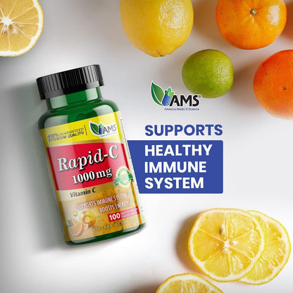 America Medic & Science Rapid-C 1000mg Vitamin C Food Supplement (5 Pack of 100 Tablets) - Immune Support, Antioxidant, Energy Metabolism | Vegan, Non-GM Coated Ascorbic Acid for Adults