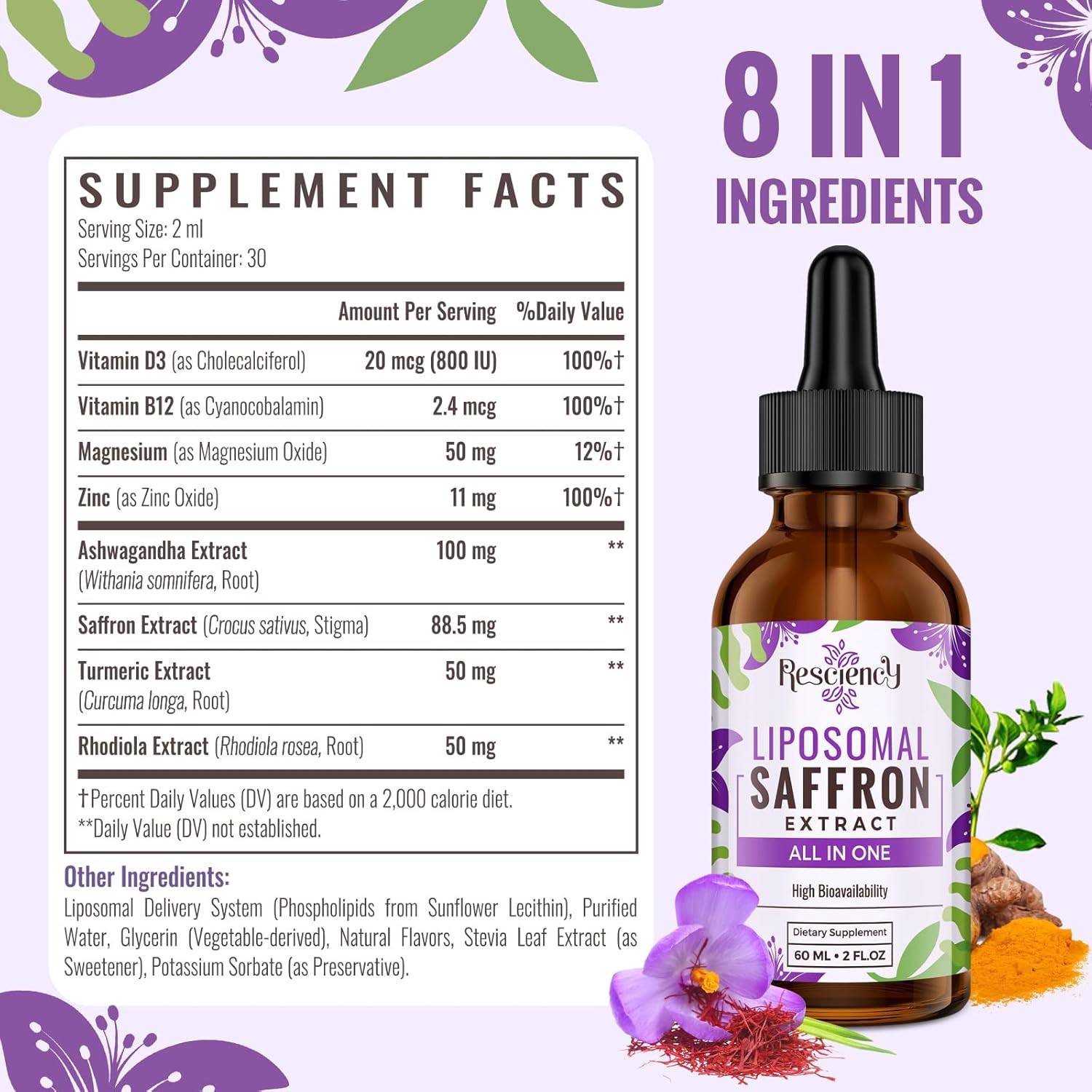Resciency Liposomal Saffron Supplement Drops 88.5mg – High Bioavailability Liquid Saffron Extract for Mood Support, Energy, Focus & Vision with Ashwagandha, Magnesium, Zinc, B12 & D3, 60 ml - görsel 2