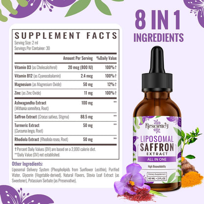 Resciency Liposomal Saffron Supplement Drops 88.5mg – High Bioavailability Liquid Saffron Extract for Mood Support, Energy, Focus & Vision with Ashwagandha, Magnesium, Zinc, B12 & D3, 60 ml