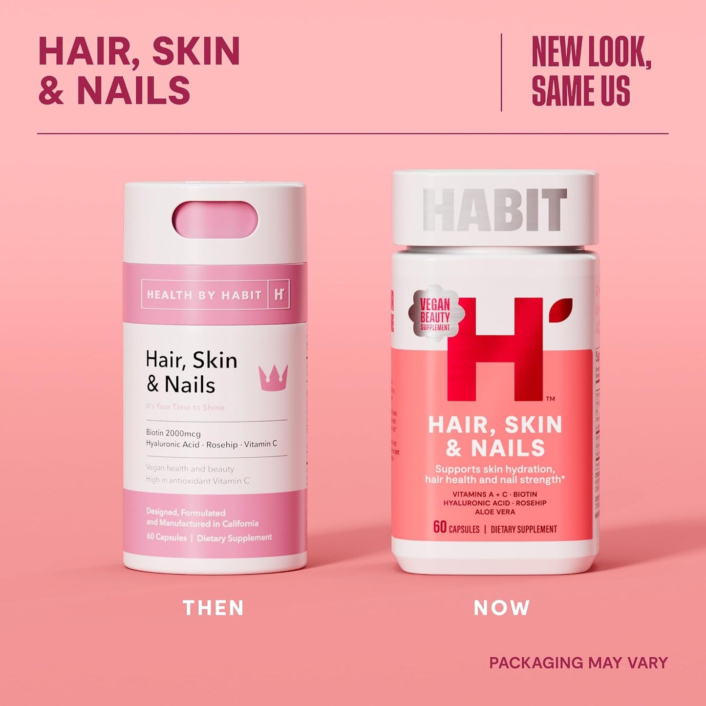 Habit Hair, Skin & Nails Supplement Twin Pack (120 Capsules) - New Look, Supports Skin Hydration, Hair & Nail Strength, Biotin 2000mcg, Vitamin A & C, Hyaluronic Acid, Rosehip, Vegan, Non-GMO - görsel 2