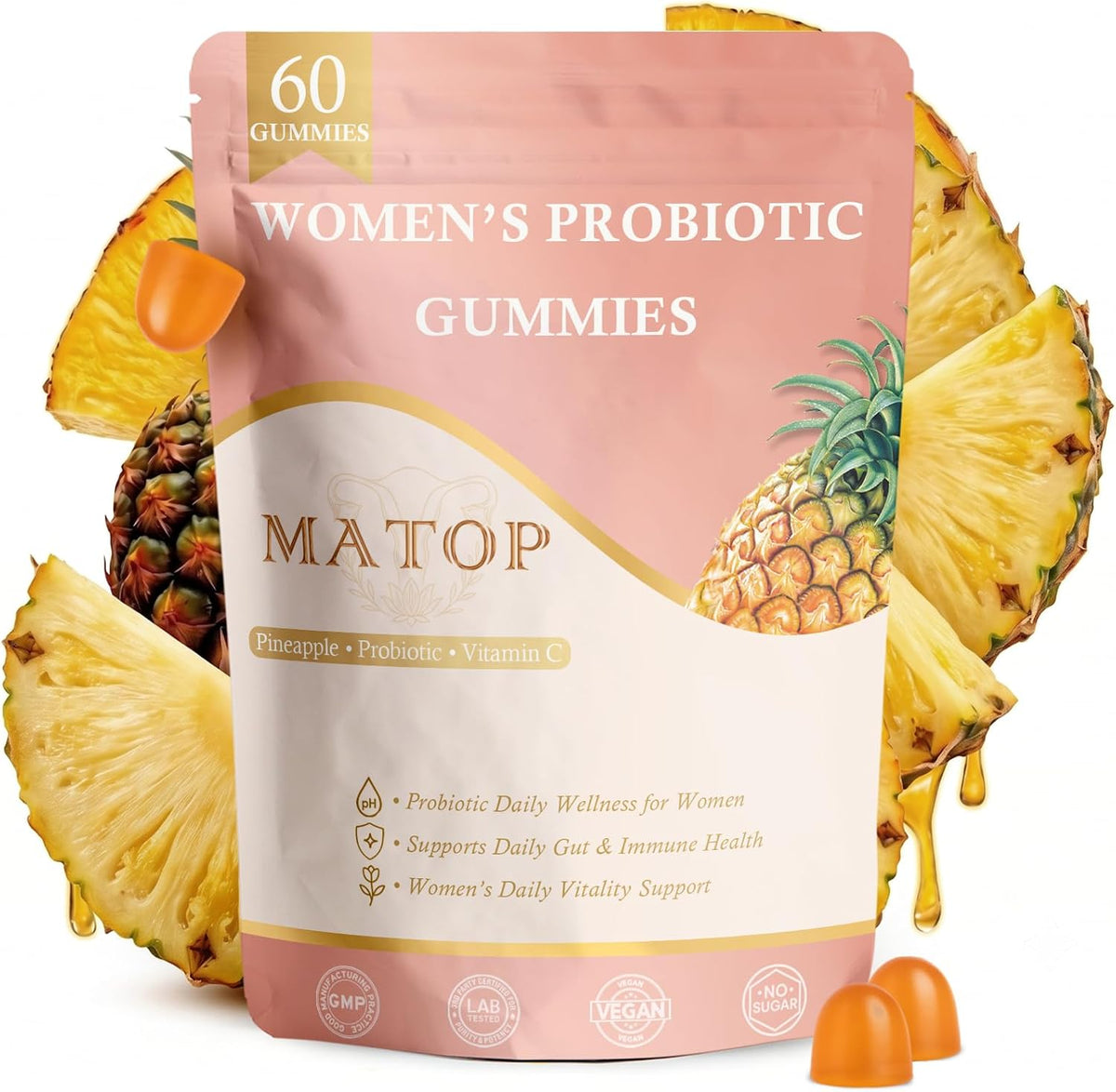 MATOP Women’s Probiotic Pineapple Gummies – Gut Health & pH Balance Daily Digestive Feminine Wellness, Vegan Sugar-Free, 60 Count - görsel 1