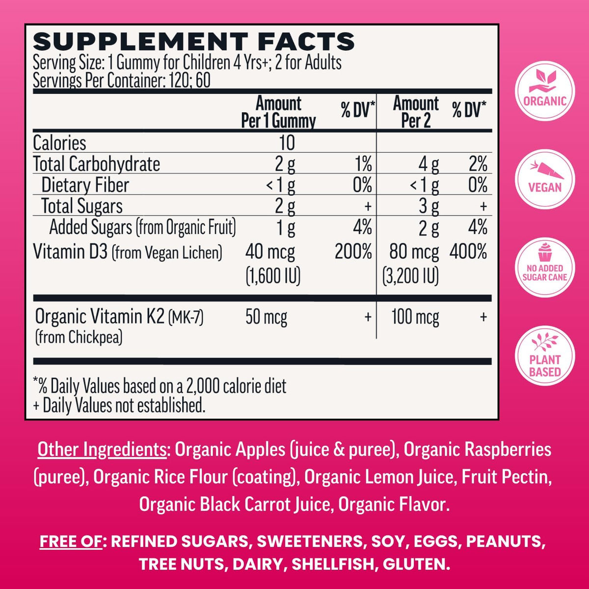 Llama Naturals Vitamin D3 & K2 Gummies for Adults and Kids, Vegan, Organic, Real Fruit, Raspberry, 120 Count - görsel 2