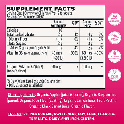 Llama Naturals Vitamin D3 & K2 Gummies for Adults and Kids, Vegan, Organic, Real Fruit, Raspberry, 120 Count
