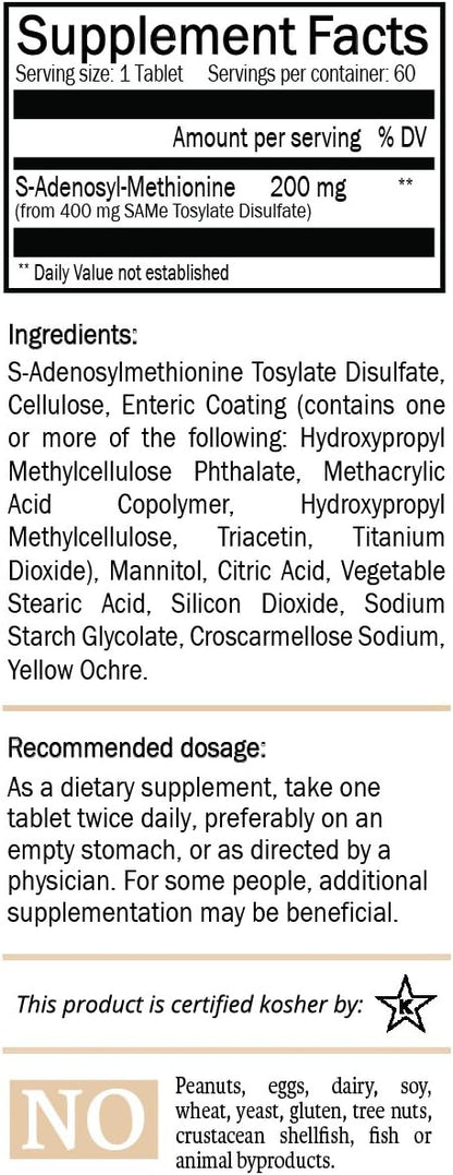 SAM-e 200mg Food Supplement | Vegan, Kosher, Gluten-free | 60 Enteric Coated Tablets | Nature's Trove