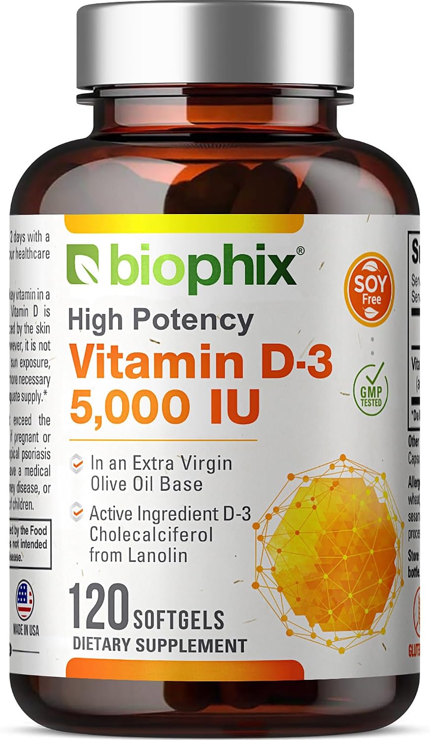 Biophix Vitamin D3 5000 IU Softgels - 120 Count, High Potency with Extra Virgin Olive Oil, Non-GMO, Soya-free - görsel 1