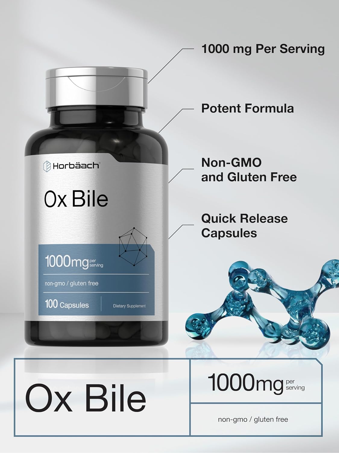Horbäach Ox Bile Supplement | 1000mg | 100 Capsules | Digestive Enzymes | Non-GMO & Gluten-Free - görsel 4