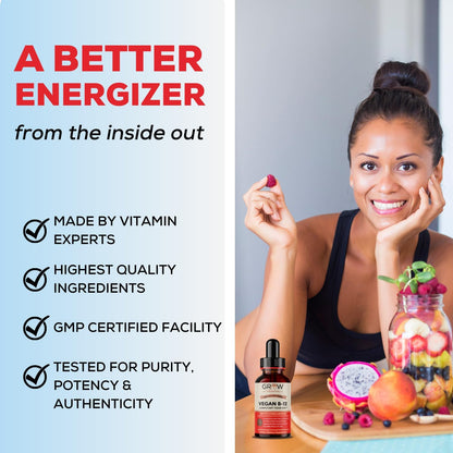 Vegan B12 Complex Liquid Sublingual Drops - Premium Methylcobalamin Supplement for Energy, Mood, Immune Support and Healthy Hair, Skin & Nails