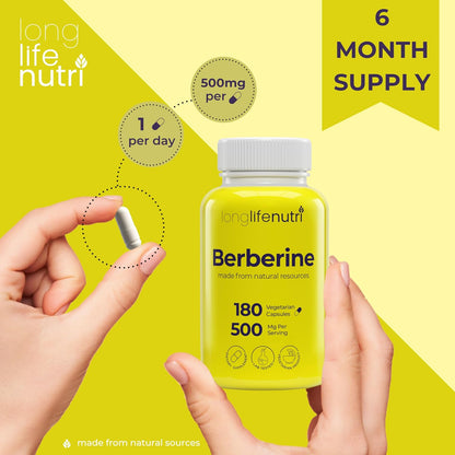 Berberine 500mg HCl Extract – from Berberis Aristata Vulgaris, 180 Vegetarian Capsules, Traditional Digestive Supplement for General Wellness, 6-Month Supply, Non-GMO, 1000mg per Serving, GMP Certified, USA-made