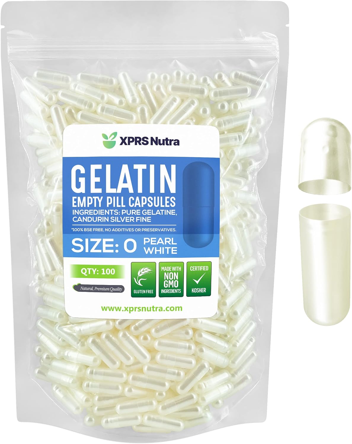 XPRS Nutra Size 0 Empty Gelatine Capsules - 500 Count - Pure Bovine Pill Gel Caps for DIY Supplements (Pearl White) - görsel 1