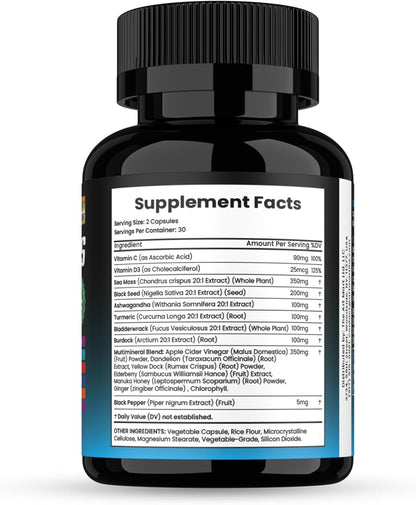 Sea Moss with Black Seed Oil, Vitamin C, Ashwagandha and Turmeric for Immune Support & Energy – 60 Vegan Capsules + Free Pill Box