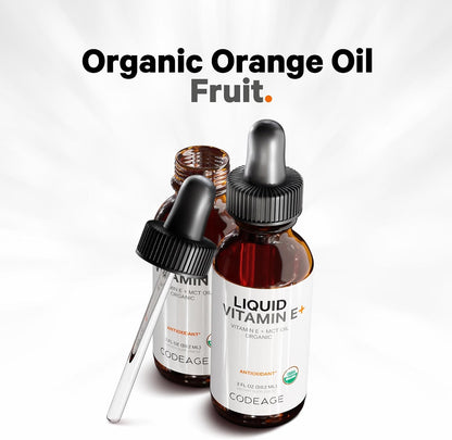 Codeage Liquid Vitamin E+ - USDA-Certified Organic Vitamin E - 2-Month Supply - D-Alpha Tocopherol Acetate, Organic MCT Oil, Orange Fruit Oil, Unflavoured, Non-GMO, Vegan, Gluten-free, 60 ml