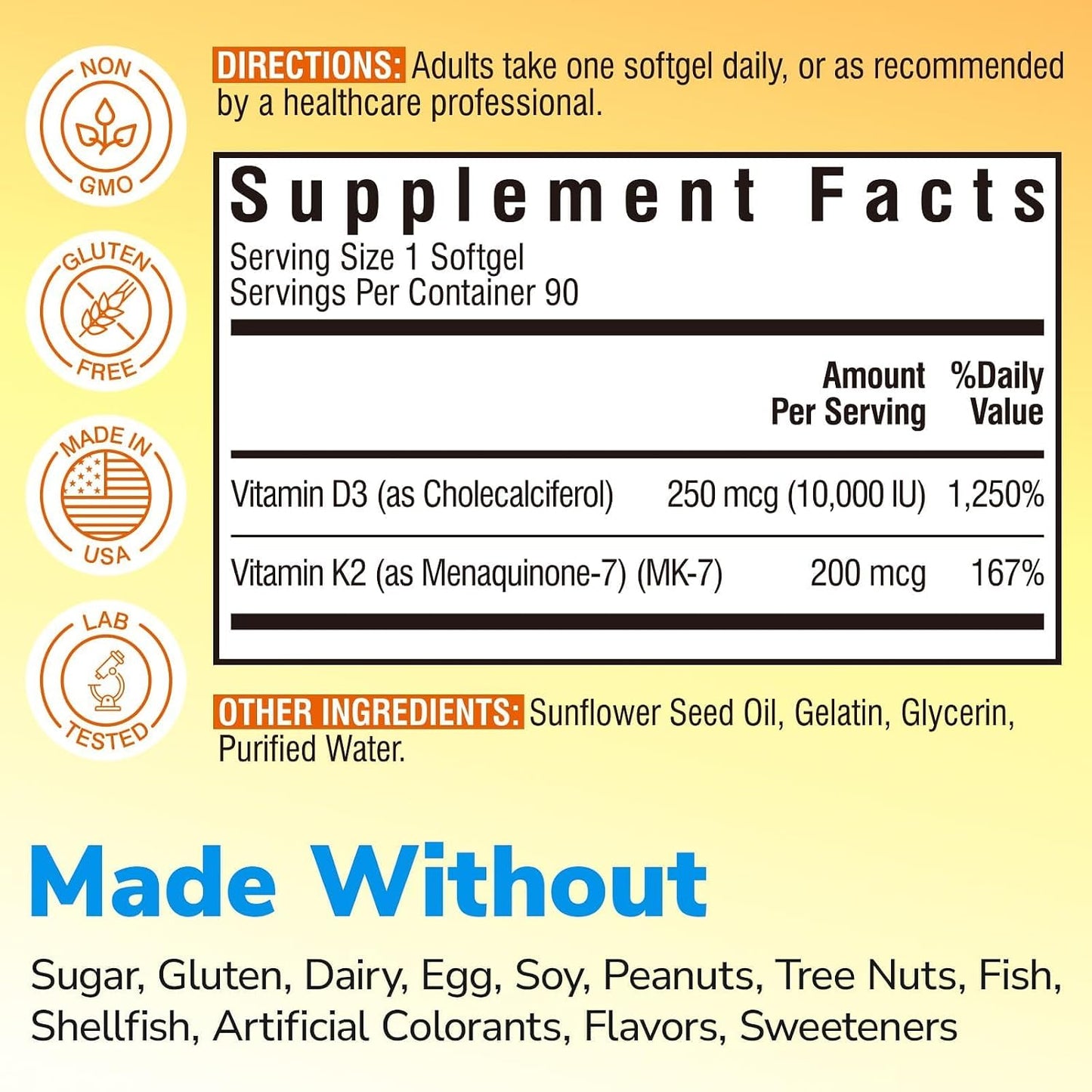 Vitalibre Vitamin D3 K2 Supplement, 10000 IU D3 / 200 mcg K2 MK7, 90 Soft gel capsules - görsel 2
