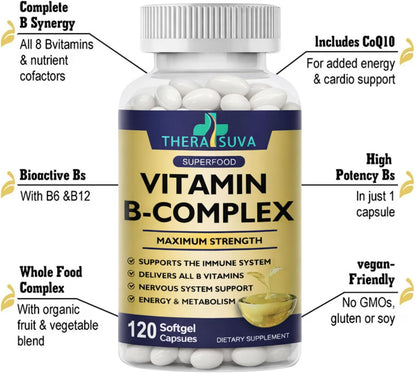 TheraSuva Vitamin B-Complex + CoQ10 + Vitamin C – Max Strength Food Supplement for Energy & Metabolism Support, 2 Month Supply, 120 Softgels