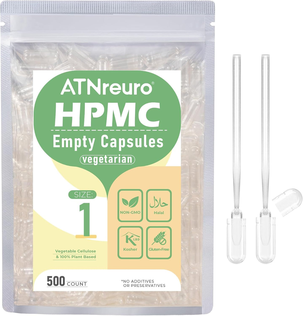 ATNreuro Size 1 Empty Vegan Capsule with 2 Micro Spoons - 100 Count Vegetarian Capsules - Empty Pill Capsules for Powders Supplements - görsel 9