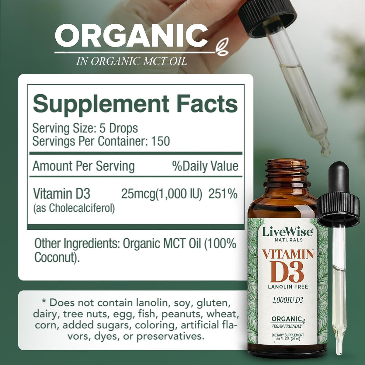 Live Wise Naturals Vitamin D3 1000 IU (25 mcg) Drops – Vegan, Organic MCT Oil, 150 Doses - görsel 2