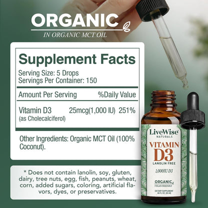 Live Wise Naturals Vitamin D3 1000 IU (25 mcg) Drops – Vegan, Organic MCT Oil, 150 Doses