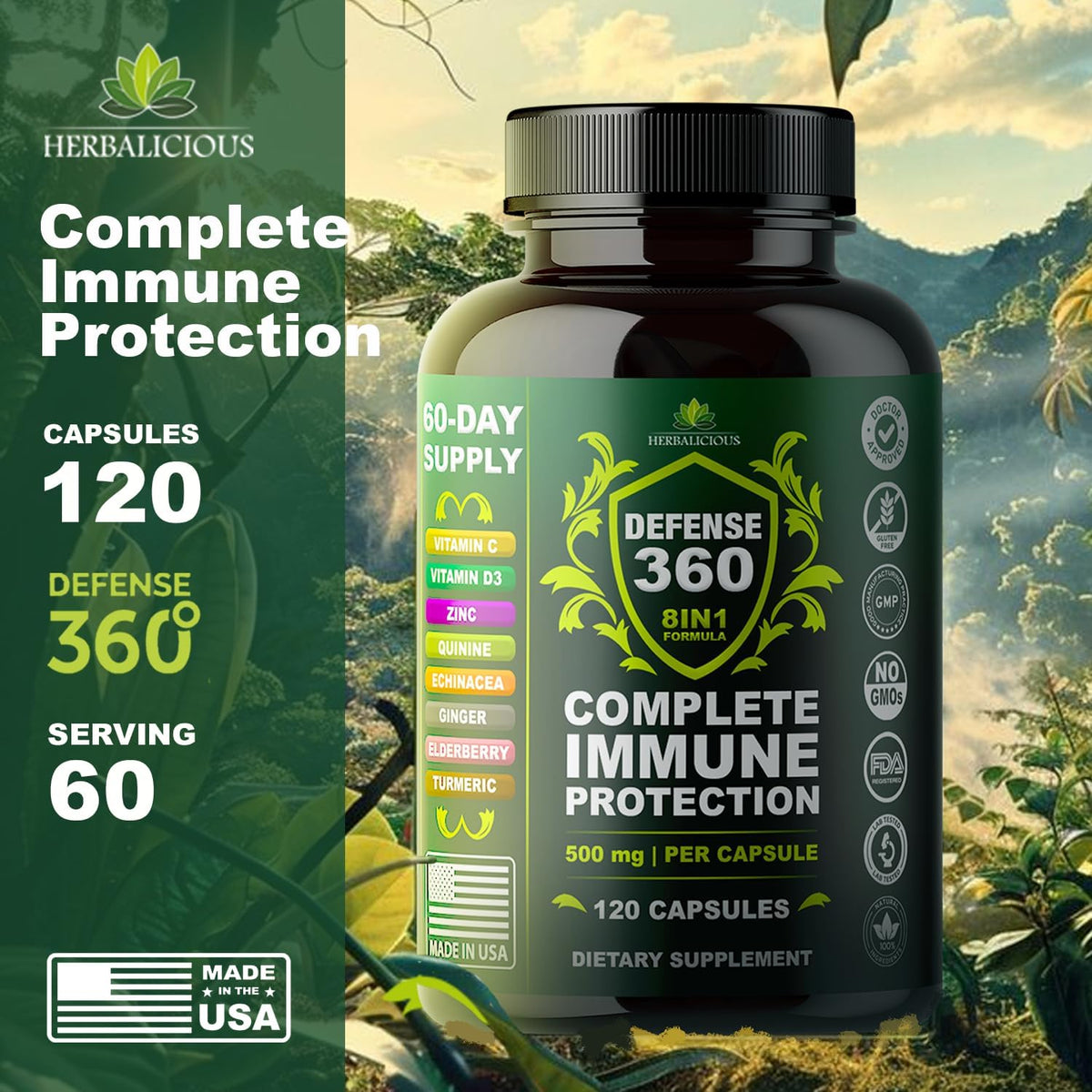 Defence360 Immune Support 8-in-1 Supplement with Vitamin C, D3, Zinc, Elderberry, Echinacea, Turmeric, Ginger and Quinine (120 Capsules) - görsel 2