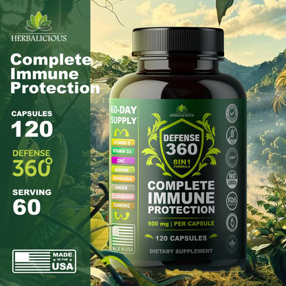Defence360 Immune Support 8-in-1 Supplement with Vitamin C, D3, Zinc, Elderberry, Echinacea, Turmeric, Ginger and Quinine (120 Capsules)