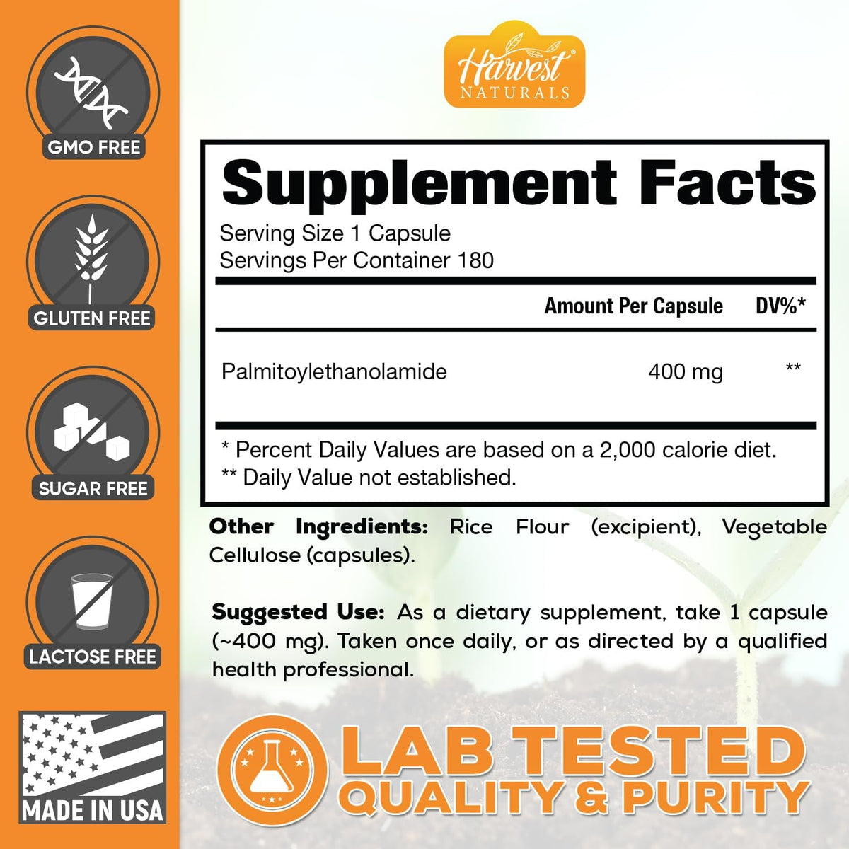 Harvest Naturals Palmitoylethanolamide (PEA) Capsules – 400mg per Serving, 180 Count - görsel 4