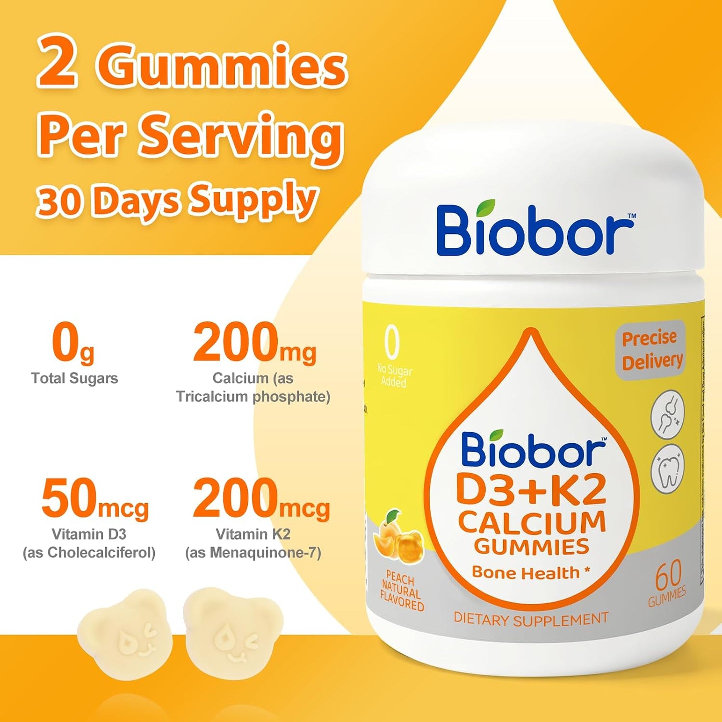 Biobor Vitamin D3 K2 Gummies with Calcium, 2000 IU D3 & 200 mcg K2 (MK-7) & 200 mg Calcium, No Added Sugar, Yellow Peach, 60 Count - görsel 3