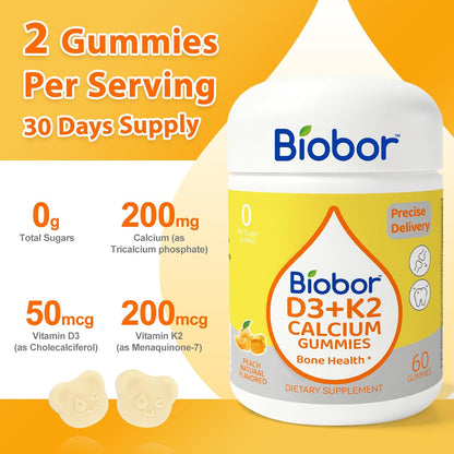 Biobor Vitamin D3 K2 Gummies with Calcium, 2000 IU D3 & 200 mcg K2 (MK-7) & 200 mg Calcium, No Added Sugar, Yellow Peach, 60 Count
