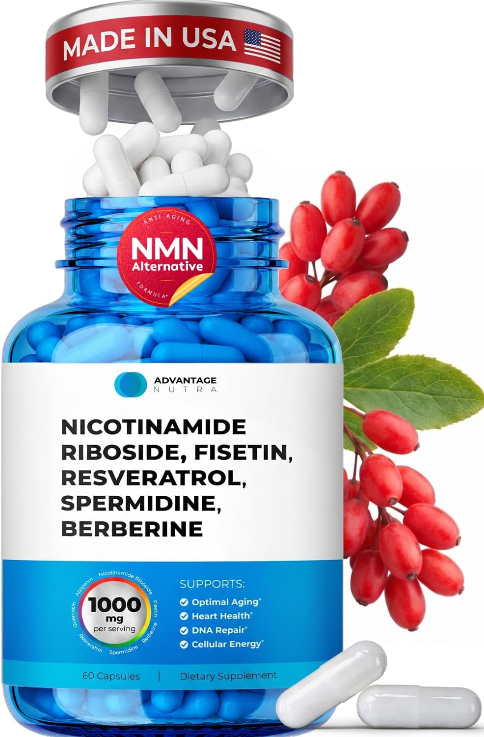 Liposomal Nicotinamide Riboside NR Supplement with Resveratrol, Fisetin, Quercetin, Spermidine, Berberine, Apigenin - NAD+ Booster 500 mg - 60 Capsules - görsel 1