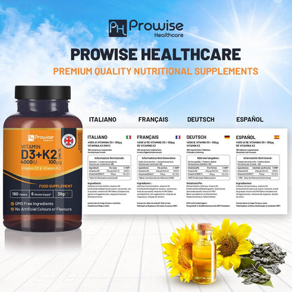 Vitamin D3 4000 IU & K2 MK-7 100 µg Vegetarian Tablets – 180 Tablets (6-Month Supply)
