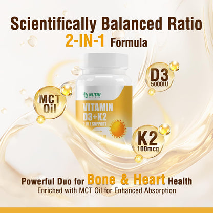NUTRI POTENTIA Vitamin D3 K2 Supplement with MCT Oil - 5000 IU D3, 100 mcg K2 (MK-7) - Bone and Immune Health Support - 90 Soft gel capsules