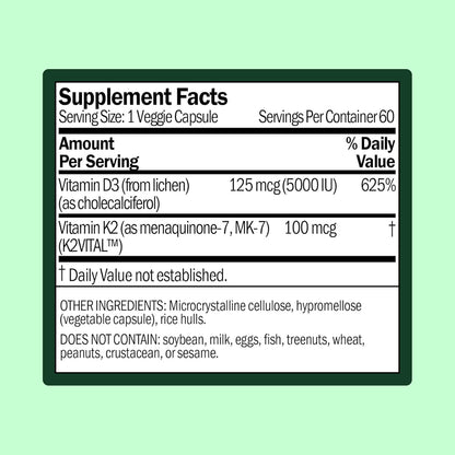 WellWithAll Vitamin D3 5000 IU (125 mcg) with Vitamin K2 100 mcg Supplement | Supports normal bone health, immune function, and blood clotting | Plant Based, Major Allergen Free | 60-Day Supply