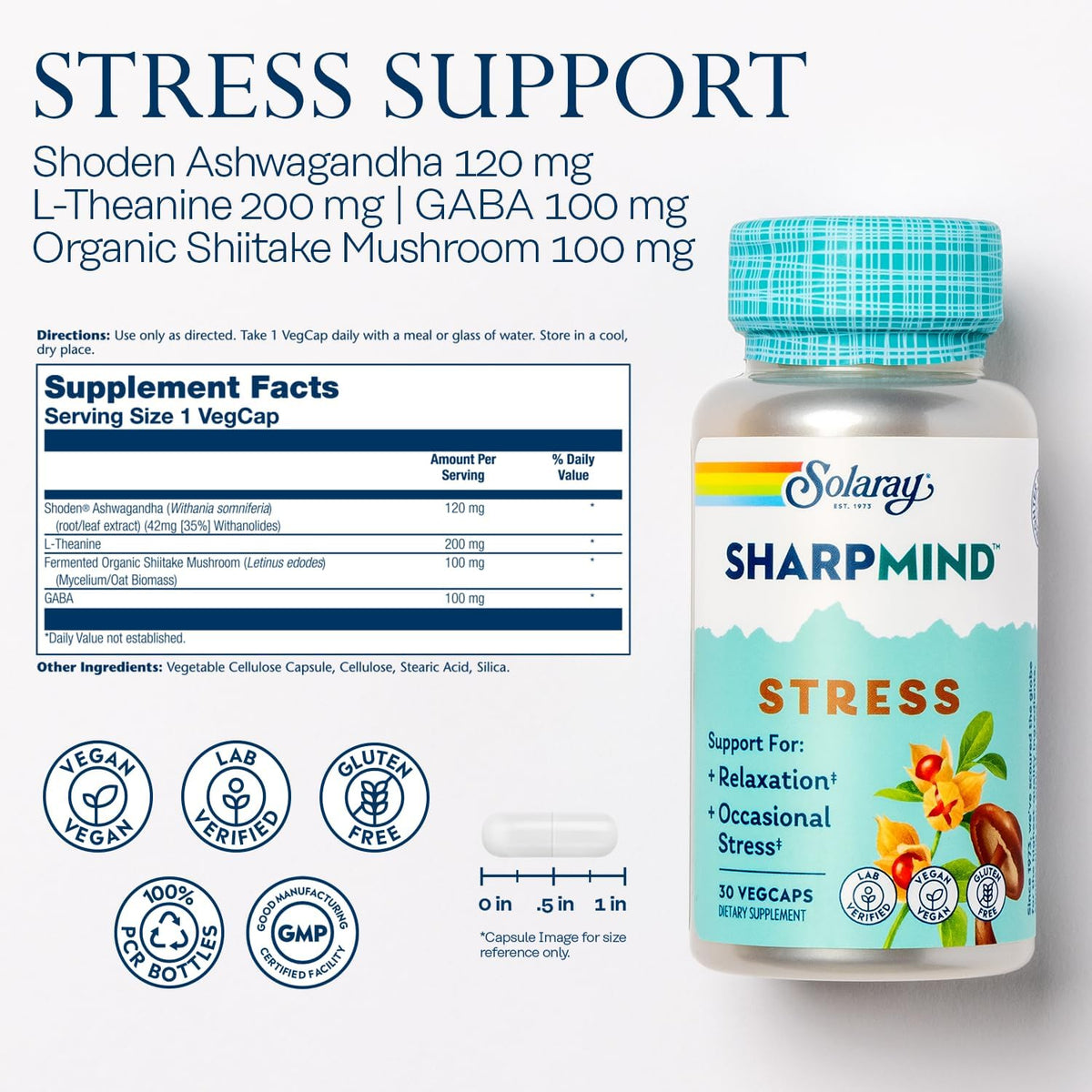 SOLARAY SharpMind Stress – Nootropic Mood Support Supplement with Ashwagandha, L-Theanine & GABA, 30 Veg Caps - görsel 2