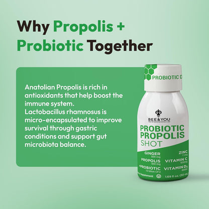 Bee and You Propolis Immunity Shot - Probiotic with Vitamin C, D3, Zinc, Ginger - 12 Pack