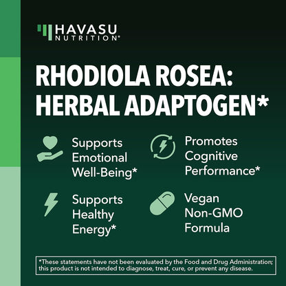 HAVASU NUTRITION Rhodiola Rosea Capsules – Adaptogen for Mental & Physical Performance, 3% Salidrosides, 60 Count