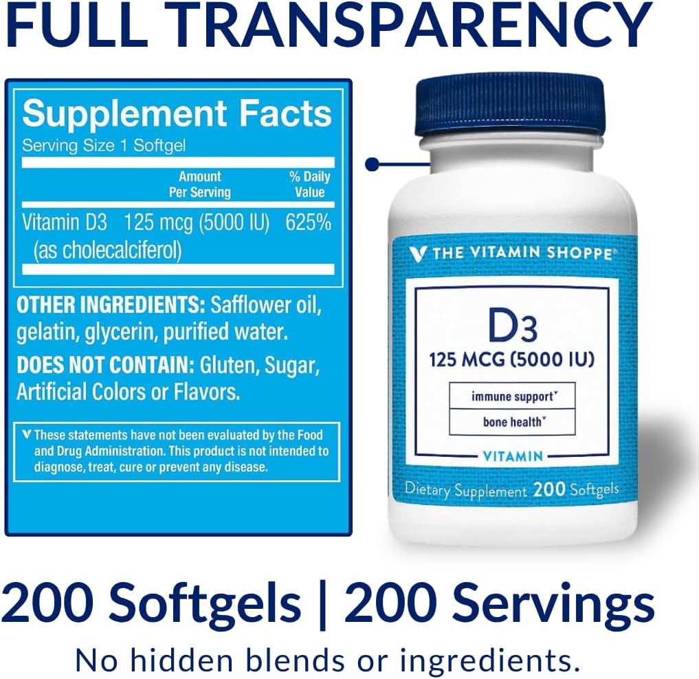 The Vitamin Shoppe Vitamin D3 5000 IU Supplement, Bone, Immune and Cellular Health Support for Men and Women, Gluten-free, Dairy-free, 200 Soft Capsules - görsel 8