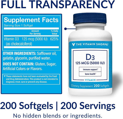 The Vitamin Shoppe Vitamin D3 5000 IU Supplement, Bone, Immune and Cellular Health Support for Men and Women, Gluten-free, Dairy-free, 200 Soft Capsules