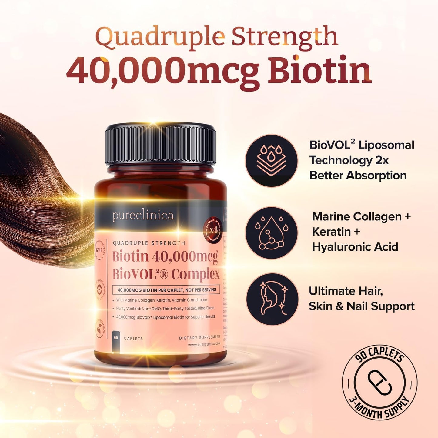 pureclinica 400% Strength Biotin 40,000mcg - 90 Caplets - BioVOL² Liposomal Biotin Complex with Marine Collagen, Keratin, Vitamin C and More - 3-Month Supply - görsel 3